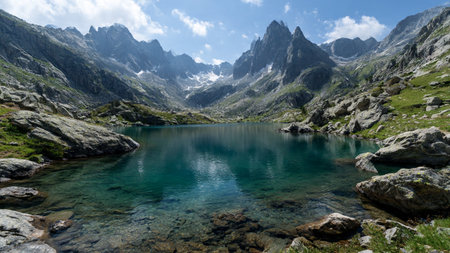 Panoramic view of a mountain lake in the italian alps
