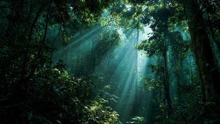 Sun rays in the morning in the rainforest at Doi Inthanon National Park, Thailandの写真素材