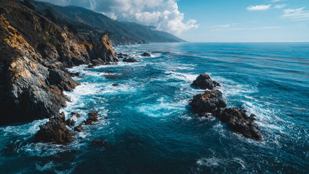 Aerial view of a rocky coastline with ocean waves crashing on the rocksの写真素材
