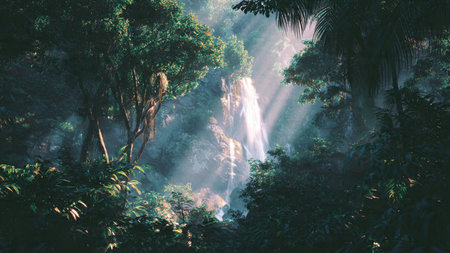Tropical rainforest with waterfall and sunbeams in the morning