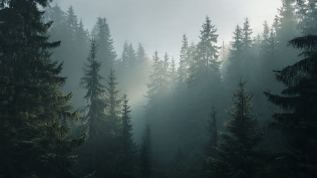 Foggy morning in the coniferous forest. Panorama