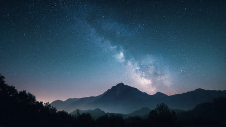 Milky way over the mountains at night, panoramic view