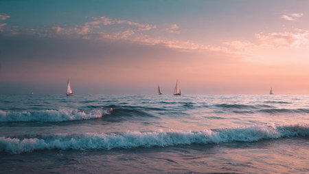 Sailing boats on the sea at sunset. Beautiful seascape.の写真素材