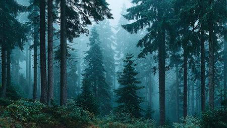 Foggy forest with conifer trees in a foggy day