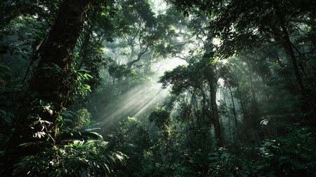 Tropical rainforest with sunbeams shining through the trees