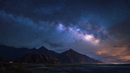 Milky Way over the lake at night with mountains in the background
