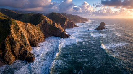 Aerial view of the Pacific Ocean Coast during a colorful sunset. Taken in Big Sur, California, United States.の写真素材