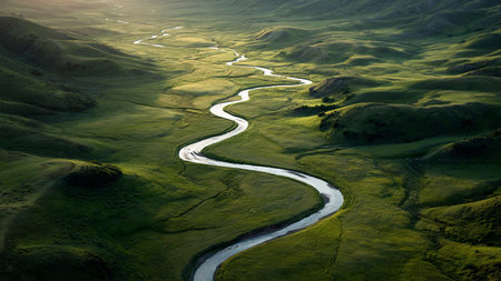 Aerial view of a small river in the steppe of Mongoliaの写真素材