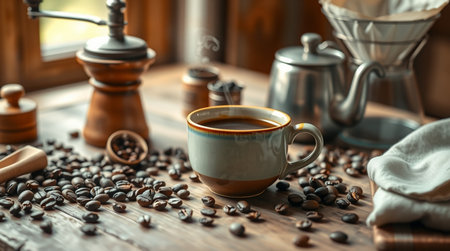 Cup of coffee with beans on wooden table in cafe, closeupの写真素材