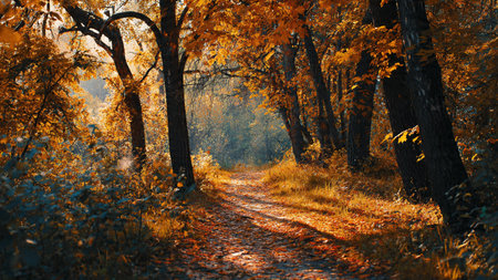 Autumn landscape in the forest. Path in the autumn forest.