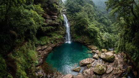 Waterfall in the deep forest of Nepal. Panoramic view