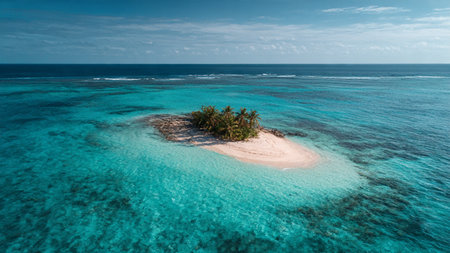 Aerial view of a small island with a palm tree in the oceanの写真素材