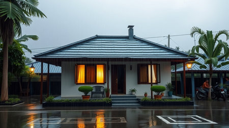 House in the rain. Beautiful house in the rain. Rainy weather.の写真素材