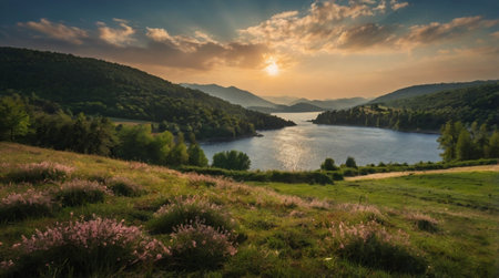 Panoramic view of the lake and mountains at sunset. Beautiful summer landscape.