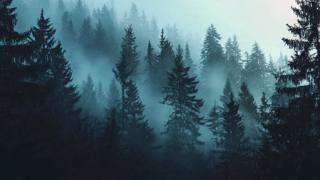 Foggy forest in the Carpathian mountains, Ukraine.