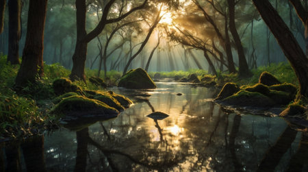 Sunrise over the river in the misty forest. Nature composition.の写真素材
