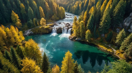 Aerial view of beautiful waterfall in autumn forest.
