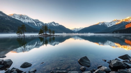 Mountain lake at sunrise in Jasper National Park, Alberta, Canada
