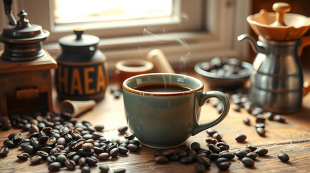 Cup of coffee with beans on wooden table, closeup viewの写真素材
