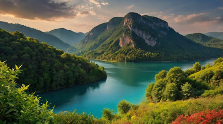 Panoramic view of the lake and the mountains at sunset.の写真素材