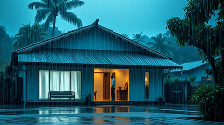 3D rendering of a house in the rain with palm trees in the backgroundの写真素材