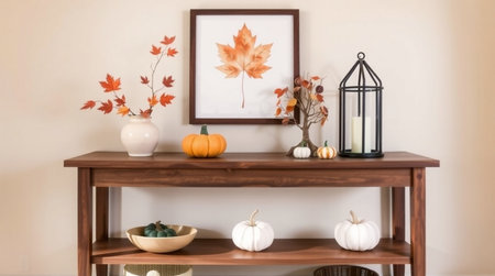 Autumn composition with pumpkins and autumn leaves on wooden shelf in living room