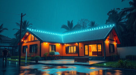 Vintage house at night in the rain with light on the roofの写真素材