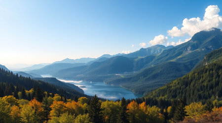 panoramic view of the lake in the mountains in autumn.