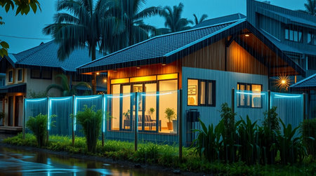 Night view of a modern house in the middle of the water.