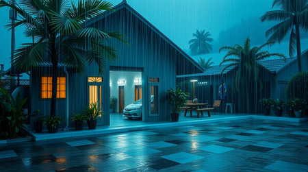 3D rendering of a house in a foggy tropical night.の写真素材