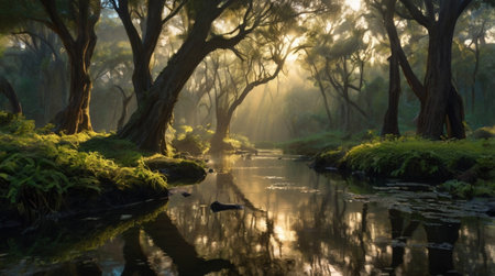 Morning mist over a stream in the rainforest of New South Wales, Australiaの写真素材