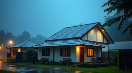 3d rendering of modern house in the countryside at night with fog.