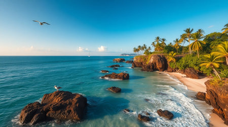 Aerial view of Seychelles beach with palm trees and rocks.の写真素材