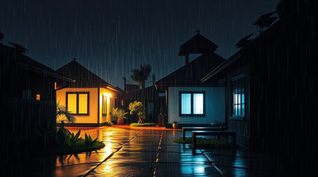 3D rendering of houses in the rain at night.の写真素材
