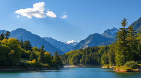 Panoramic view of the lake with mountains in the background.