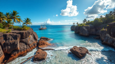 Panoramic view of beautiful seascape with palm trees and boat on the ocean