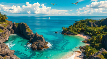 Aerial view of beautiful beach with white sand, turquoise water, palm trees and seagulls at...