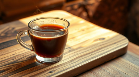 Cup of coffee on wooden table in cafe, closeup viewの写真素材