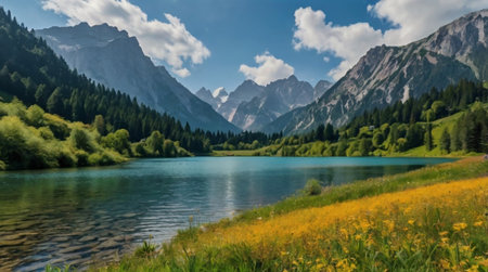 Panoramic view of the alpine lake in the italian alpsの写真素材