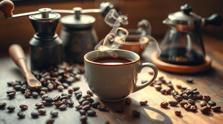 Coffee in a cup and saucer on an old wooden tableの写真素材