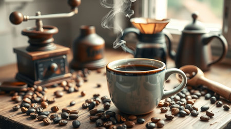 Coffee grinder and coffee beans on wooden table, closeupの写真素材