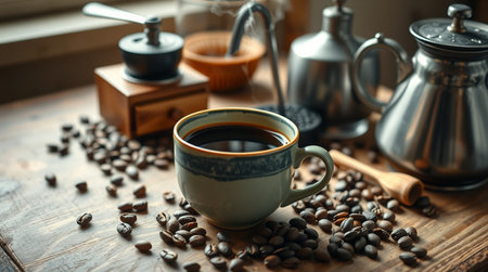 Coffee cup and coffee beans on the wooden table. Coffee backgroundの写真素材