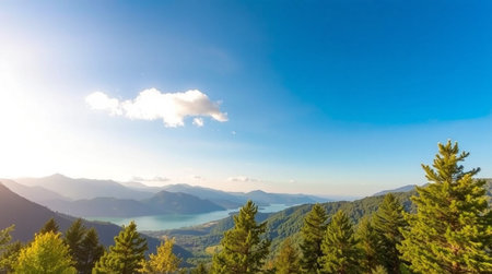 Panoramic view of the mountains, lake, forest and blue skyの写真素材