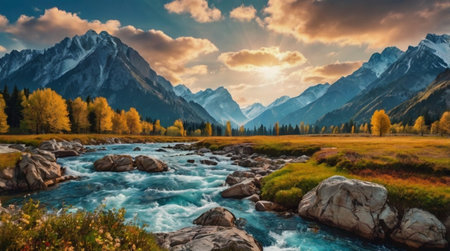 Colorful autumn landscape with a mountain river and snow-capped mountainsの写真素材