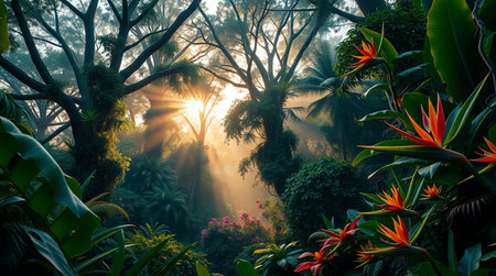 Tropical rainforest with sunlight in the morning, Bali island, Indonesia