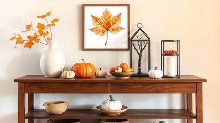 Beautiful composition with autumn decor on chest of drawers in room