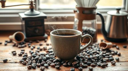 Coffee cup and coffee beans on a wooden table. Coffee backgroundの写真素材