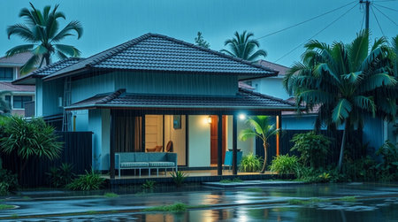 Luxury villa in the rain at night, Thailand.