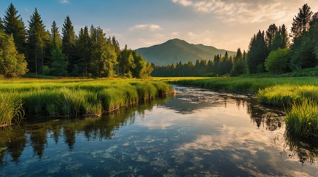Panoramic view of a small river in the Altai mountains.の写真素材