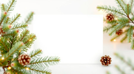 Christmas greeting card mockup with fir branches and pine cones on white background.の写真素材